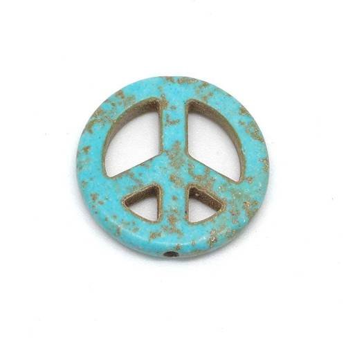 2 perles peace and love 25mm en pierre synthétique imitation turquoise "howlite" 25mm bleu turquoise