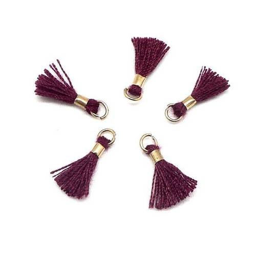 Lot de 5 mini pompons 1,3cm prune aubergine et anneaux et attache en métal doré couture bijoux 