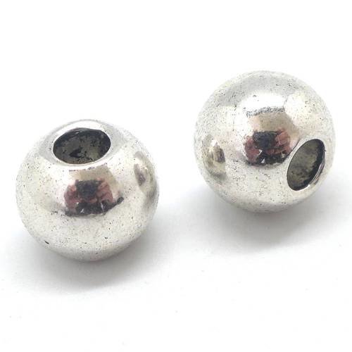 2 grosses perles ronde en métal argenté lisse 14mm à gros trou 5,4mm