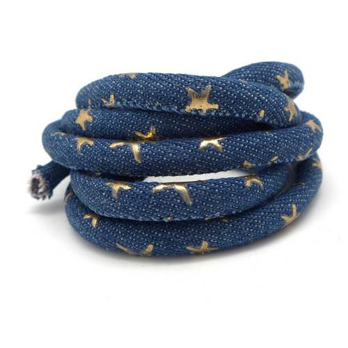 1m cordon jeans 6mm bleu et motif étoiles peint en doré en coton couleur bleu jeans délavé et doré 