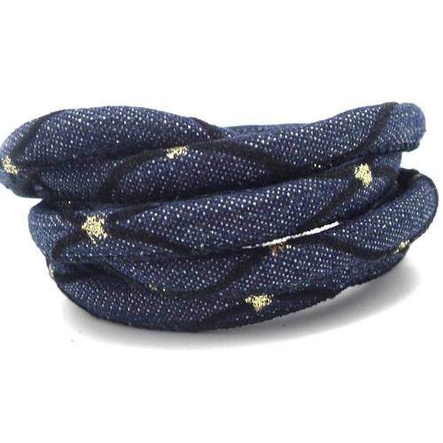1m cordon jeans 6mm bleu foncé brut motif doré et losange suédine noire couleur bleu jeans brut,
