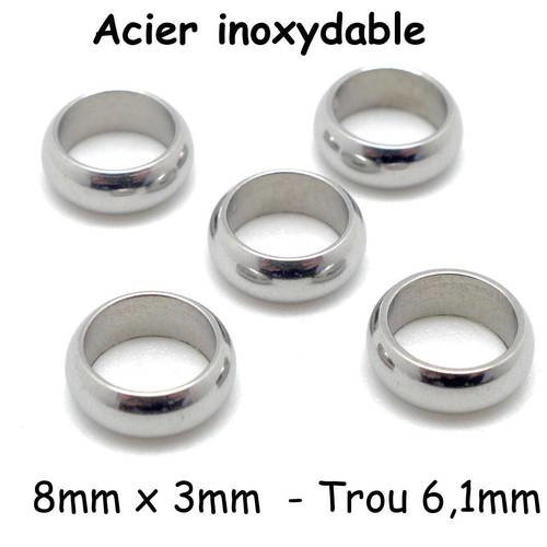5 perles ronde rondelle en acier inoxydable couleur argenté 8mm x 3mm intercalaire