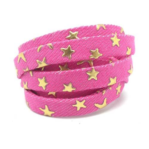 1m lanière 10mm en coton tissé rose fuchsia motif étoile doré pour bracelet , bandoulière de sac de couleur rose 