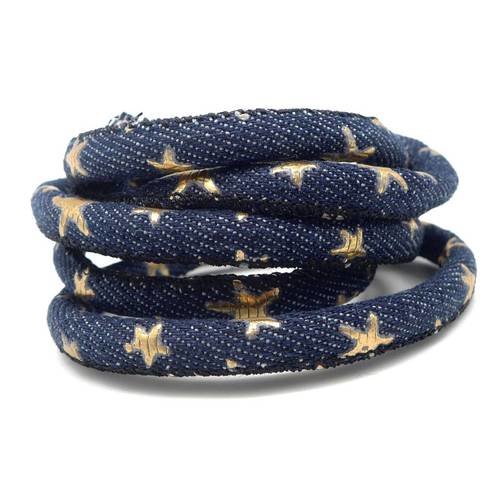 1m cordon jeans 6mm bleu foncé brut et motif étoiles peint en doré en coton couleur bleu jeans brut