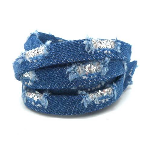 1m lanière 10mm en jeans et paillette argenté pour bracelet , bandoulière de sac de couleur bleu jeans 
