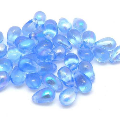 36g de perles gouttes en verre bleu saphir clair ab irisé 9,2mm - environ 100 pièces