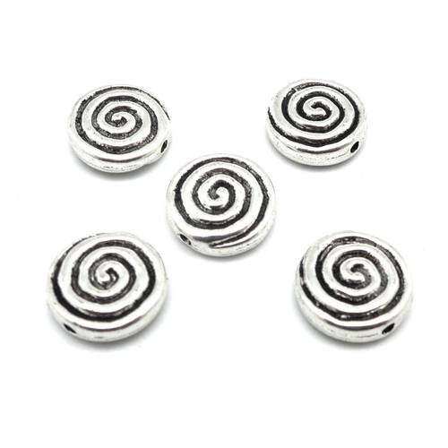 5 perles pastille en métal argenté ronde motif spirale style ethnique 1,3cm