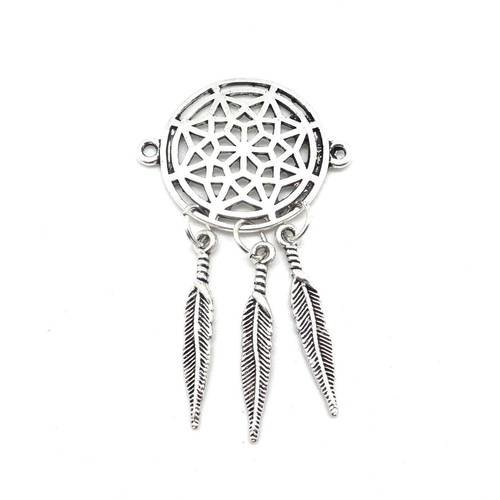 1 pendentif connecteur attrape rêve en métal argenté dreamcatcher 5,5cm 