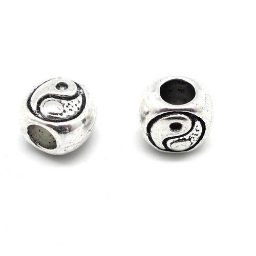 5 perles "yin yang" en métal argenté à gros trou 4,4mm