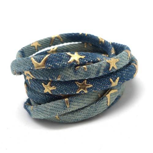 1m lanière 5mm en jeans bleu délavé denin coton tissé motif étoile doré pour bracelet , bandoulière de sac 
