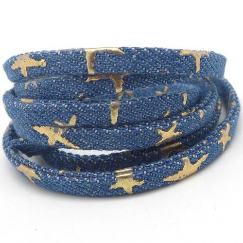 1m lanière 5mm en jeans bleu denin coton tissé motif étoile doré pour bracelet , bandoulière de sac 
