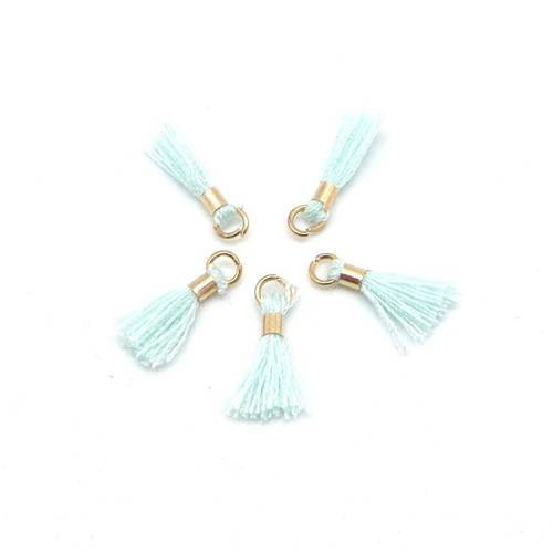 Lot de 5 mini pompons 1,3cm de couleur bleu vert d'eau pastel et anneaux et attache en métal doré pour couture
