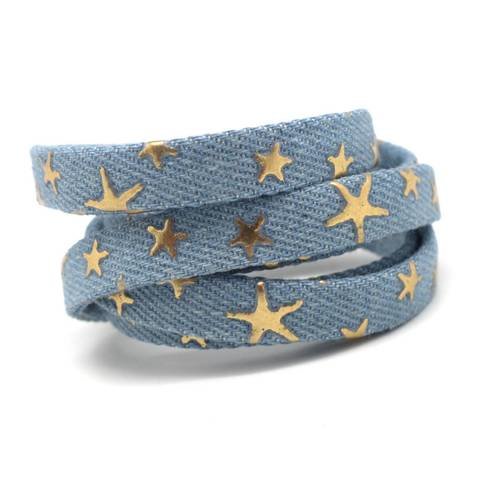1m lanière 10mm en jeans coton tissé motif étoile  doré pour bracelet , bandoulière de sac bleu jeans délavé 