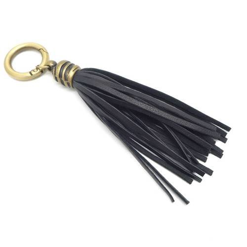 Kit bijoux de sac porte clé pompon simili cuir frange 10cm noir et métal de couleur 