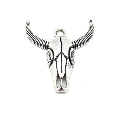4 pendentifs tête de buffle en métal argenté  31mm x 27mm - tête de taureau - connecteur breloque