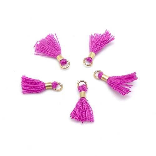 Lot de 5 mini pompons 1,3cm de couleur rose byzantin et anneaux et attache en métal doré pour couture scapbooking,