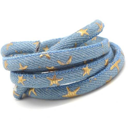 1m cordon jeans 6mm bleu délavé et motif étoiles peint en doré en coton couleur bleu jeans délavé et doré