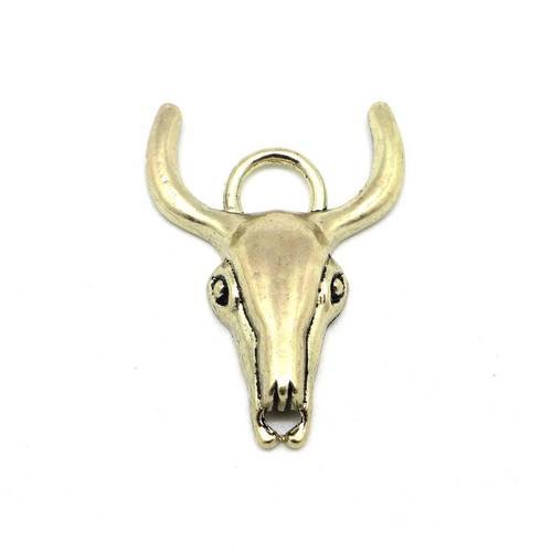 2 pendentifs tête de taureau en métal doré pâle  40mm x 30mm - tête de buffle - connecteur breloque