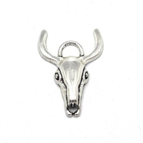 2 pendentifs tête de taureau en métal argenté  40mm x 30mm - tête de buffle - connecteur breloque