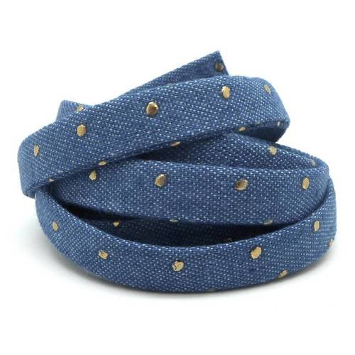 1m lanière 10mm en jeans coton tissé motif pois doré pour bracelet , bandoulière de sac de couleur bleu jeans 