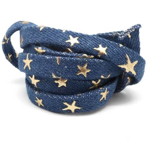 1m lanière 10mm en jeans coton tissé motif étoile  doré pour bracelet , bandoulière de sac de couleur bleu jeans 
