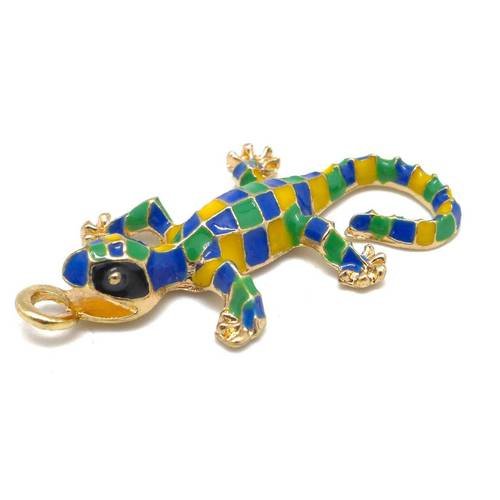 1 breloque salamandre, gecko, lézard, pendentif en métal doré émaillé mosaïque jaune, bleu et vert 