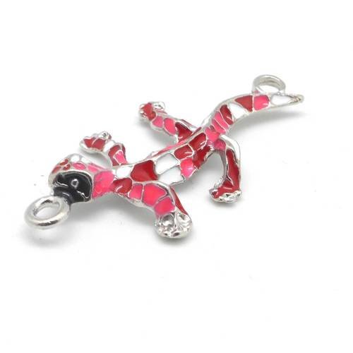 1 connecteur breloque salamandre, gecko, lézard, pendentif style mosaïque  en métal argenté émaillé de couleur rose fuchsia, rouge 