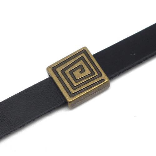 3 perles passant carré pour lanière 10 - 11 mm  slide en métal de couleur bronze motif spirale