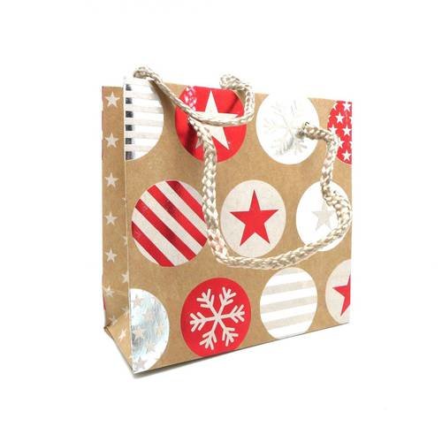 Pochette cadeaux 15 x 14,5cm motif étoile boule de noël flocon de neige à soufflet en papier épais de couleur rouge brillant,