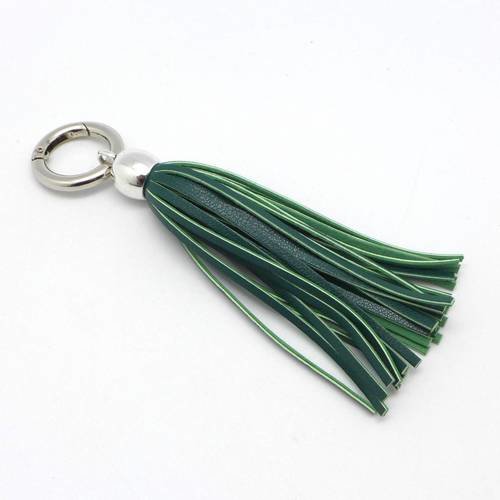 Kit bijoux de sac porte clé pompon simili cuir frange 10cm de couleur vert bouteille vert olive 