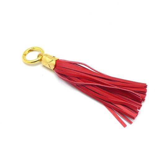 Kit bijoux de sac porte clé pompon simili cuir frange 10cm de couleur rouge vermillon vif 