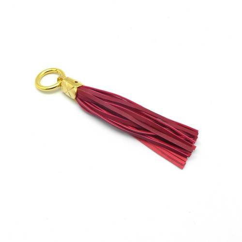 Kit bijoux de sac porte clé pompon simili cuir frange 10cm de couleur rouge marsala bordeaux 