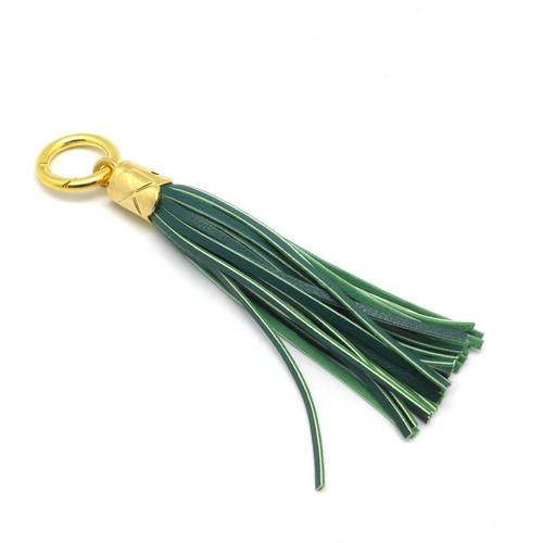 Kit bijoux de sac porte clé pompon simili cuir frange 10cm de couleur vert bouteille vert olive 