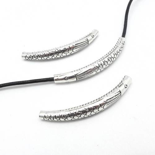 3 perles tubes passant en métal argenté motif poisson style ethnique pour cordon de 1,5mm 