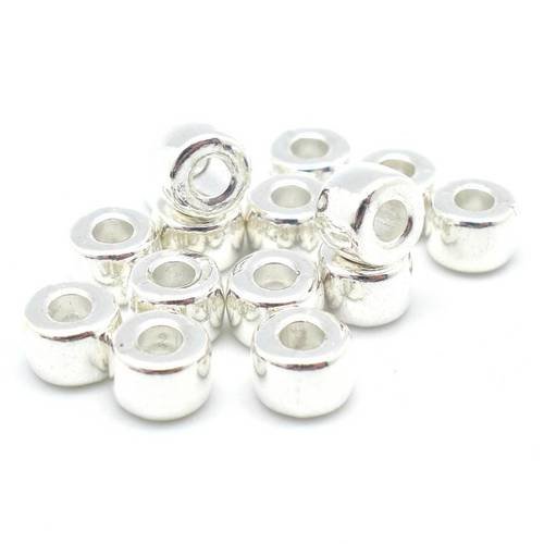 10 perles tube arrondi lisse 6,7mm en métal argenté brillant blanc, trou 2,9mm 