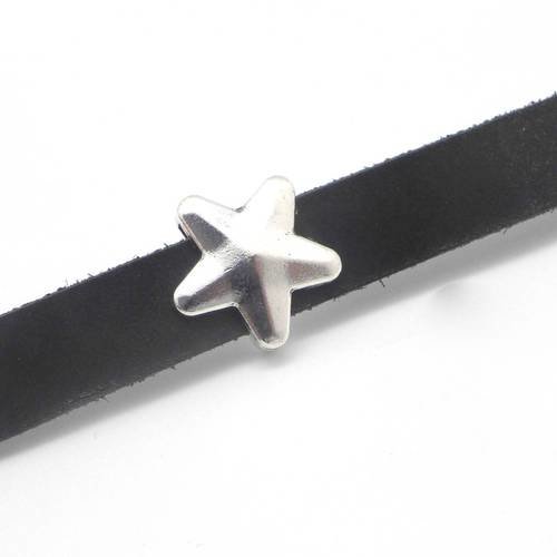 5 perles passant étoile en métal argenté biseauté pour lanière de 10mm 