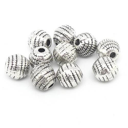 15 perles ronde 7mm en métal argenté travaillé, style ethnique