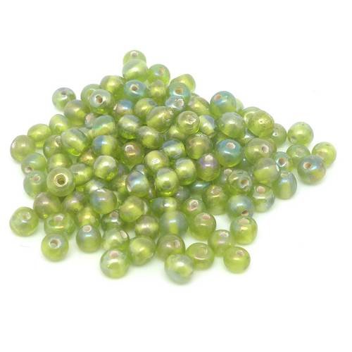 10g env. 100 perles en verre fine ronde 4mm vert olive pâle irisé rainbow