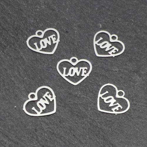 5 petites breloques coeur love filigrane évidé très fine, légère et stylisé 8,3mm en métal argenté 