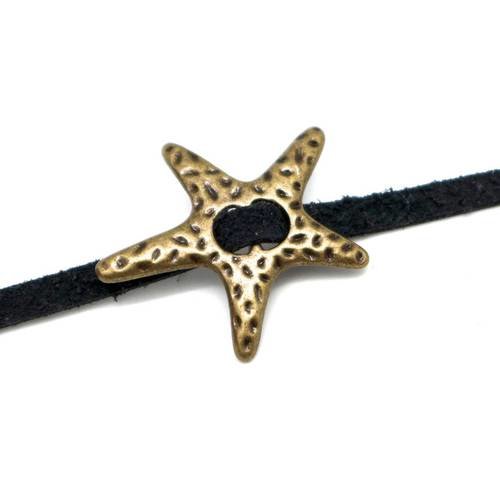 3 perles passant étoiles slide en métal de couleur bronze martelé pour lanière de 5mm - 6mm 