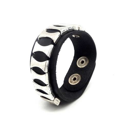 Kit bracelet cuir manchette homme ajustable avec lot de 11 perles passant en métal argenté : cuir veritable noir 