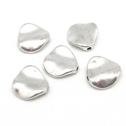 5 perles galet rond irrégulier 12,6mm en métal argenté martelé 