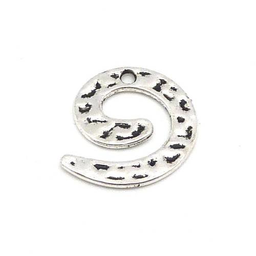 5 breloques, pendentif spirale, escargot ou lettre "e" en métal argenté martelé 21,4mm 