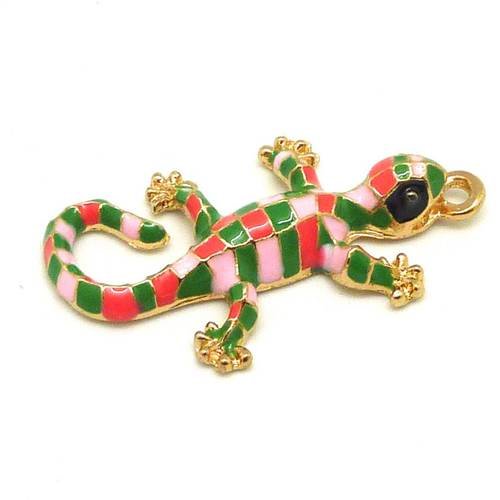 1 breloque salamandre, gecko, lézard, pendentif en métal doré émaillé mosaique rose vif, rose pâle et vert 