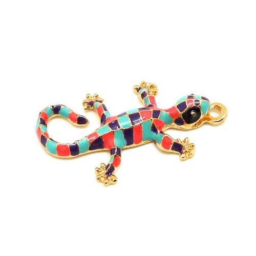 1 breloque salamandre, gecko, lézard, pendentif en métal doré émaillé rose, violet, bleu turquoise mosaïque 