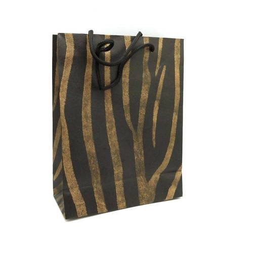 Pochette cadeaux 24,5 x 19cm motif zèbre, afrique en papier épais de couleur noir et marron 
