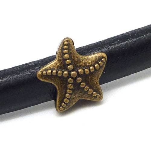 3 perles passant poussoir slide étoile des mers en métal de couleur bronze pour cuir régaliz, foulard trou 