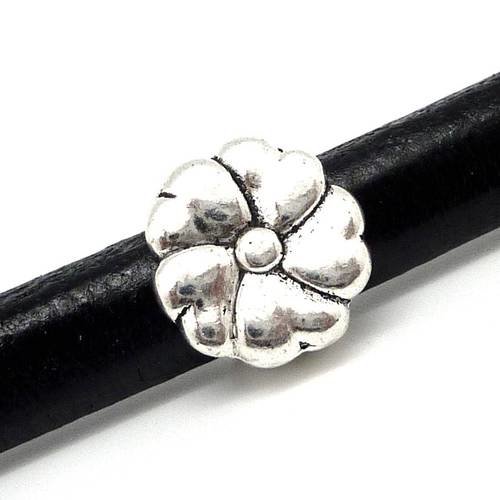 3 perles passant poussoir slide fleur en métal argenté pour cuir régaliz, foulard trou de 11mm x 7,4mm 