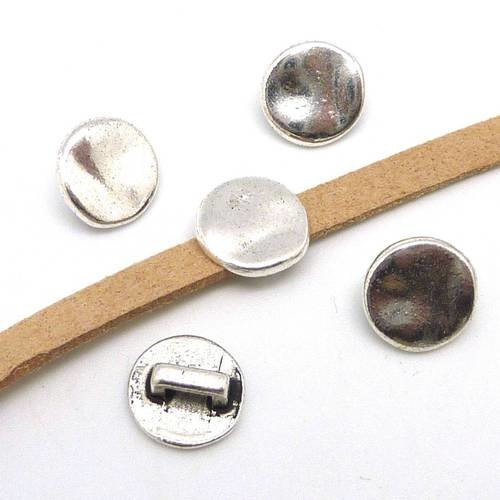 10 perles passant pastille slide pour lanière de 4mm en métal argenté martelé 
