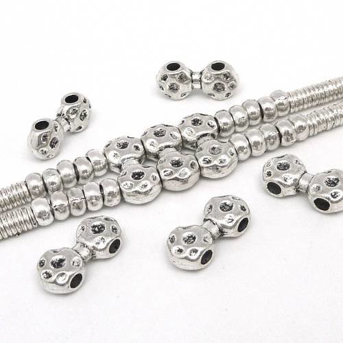 10 perles connecteurs 2 trous en métal argenté martelé trou de 2,5mm
